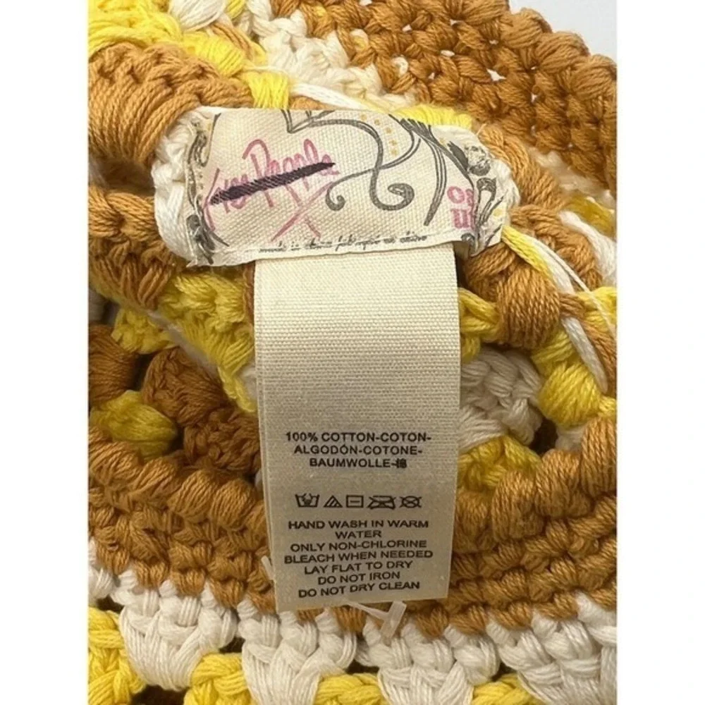 Free People Womens Crochet Beret Hat Yellow Brown Granny Square Cotton Boho 70's